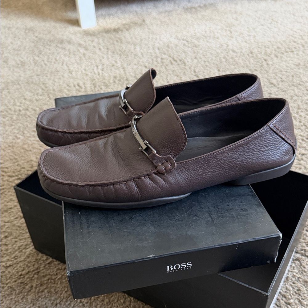 Boss Men's Dark Brown Leather Slip-On Loafers